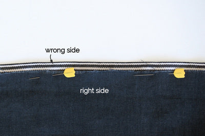 the right side of the denim is showing and the wrong side of the cotton tape with two yellow pins 