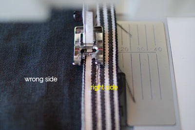 the tape and denim but under the sewing machine and showing it being sewn down