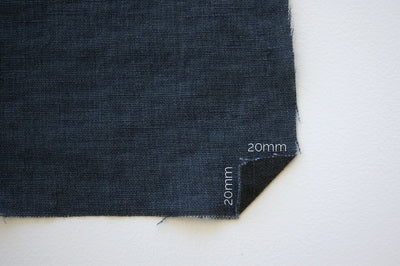 a blue denim square with a small corner folded up and 20mm written on it.