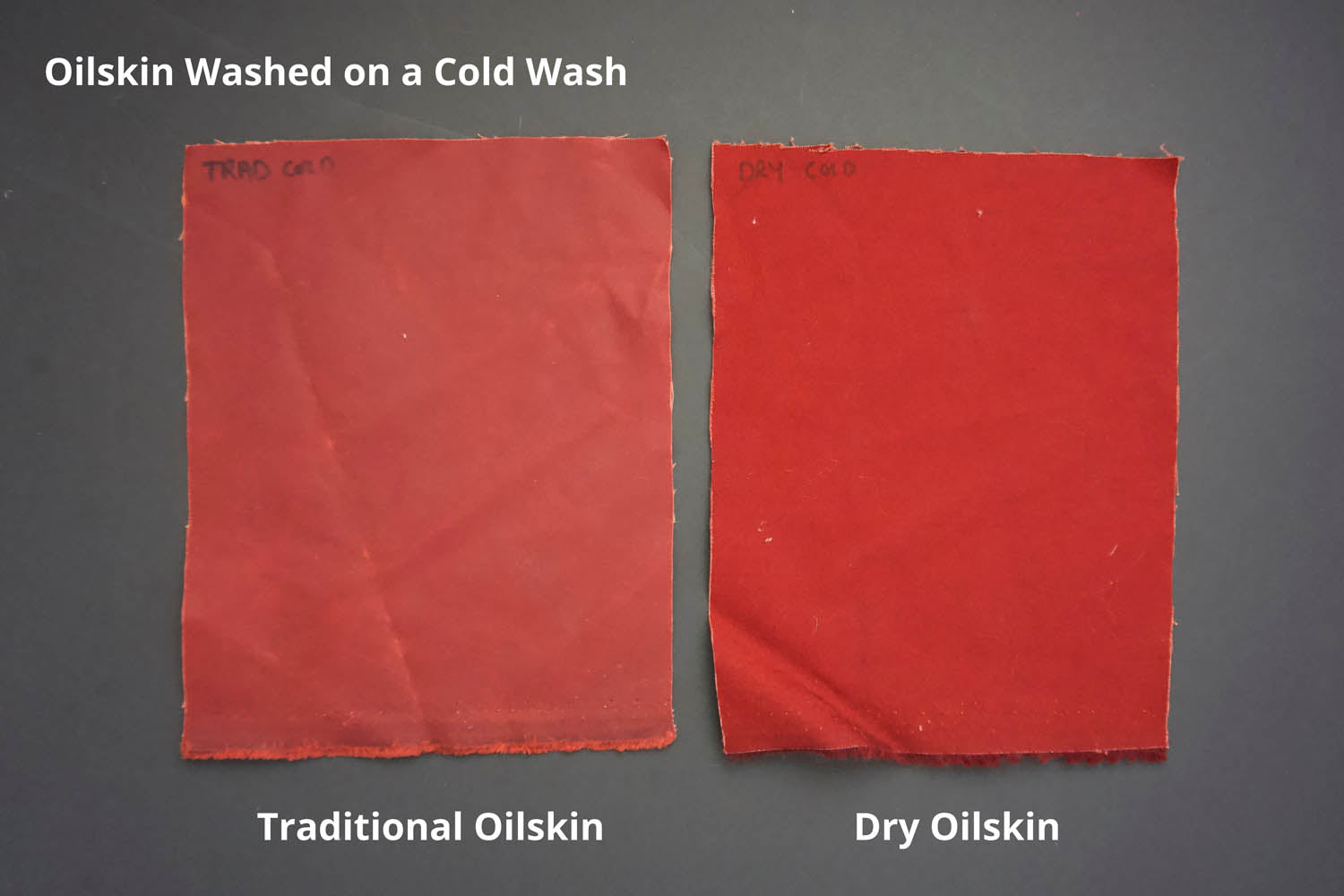 Two pieces of oilskin side by side showing the difference to the oilskin after it has been washed on a cold wash