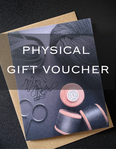 An image with the words Physical Gift Voucher overlayed over a card with sewing and knitting notions of it