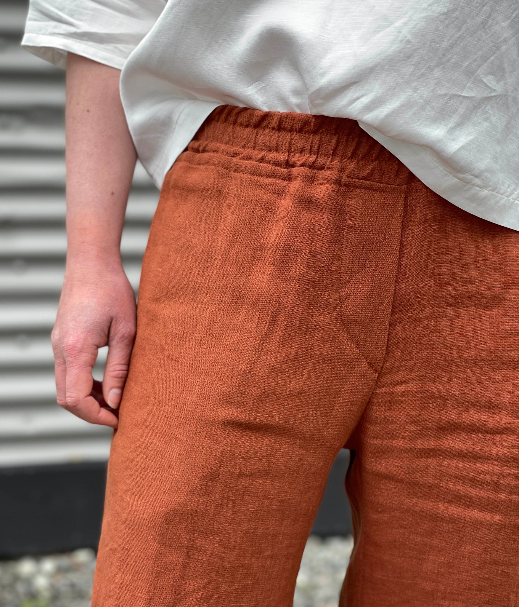 a close up of the crotch of the trousers showing the faux fly front
