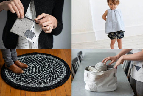 a collection of four images. Top left is a small black and white zip purse being held in the fingers of two hands. The person holding it is wearing a black jumper. The top right is a toddler about two years old wearing a a pale blue linen top and some black flowered bloomers. the bottom left is a project bag made with scraps, it is a wide rimmed and placed on the table. the bottom left is. a black and grey rag rug on a wooden floor. it has a person standing on it and you can just see brown boots and grey trousers.  