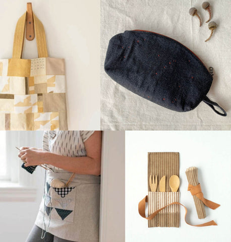 a collection of four images. from the top left it is a picture of a tote bag hanging from a wooden hook. the bag is mute yellows and beiges and is made up of patchwork. the top right picture is a dark denim blue zipper pouch with small red dots on it. it has a flat bottom and a soft curved top. the bottom right is a cutlery pouch made from stripe linen in a beige and white colour. it shows the pouch both open and wrapped up and is fastened by a large ochre tie. the bottom left image is a grey linen apron. it is a half apron just covering the bottom half. It has patchwork triangles in a dark blue colour and the lady wearing it is leaning against a wall with knitting needles and dark blue yarn. 