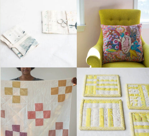 a collection of four images. clockwise from top left. a very pale image of two needle cases made of pale creams and greys. the next image is a brightly coloured appliqué cushion sitting on a chartreuse wingback chair and the last image is a black woman holding up a simple cream quilt with delicate yellow and pins and lilacs