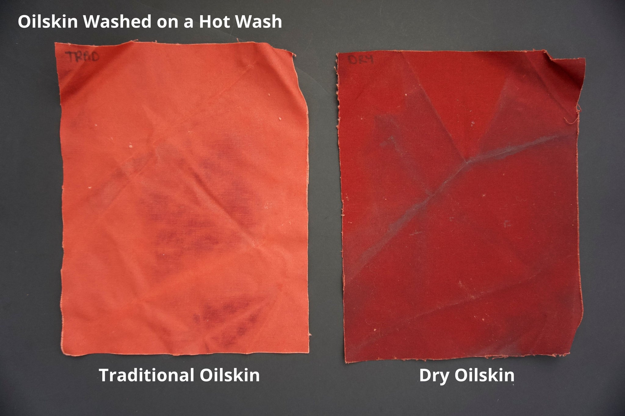 two pieces of oilskin side by side after they have been washed on a hot wash. they are very scrunched and washed out