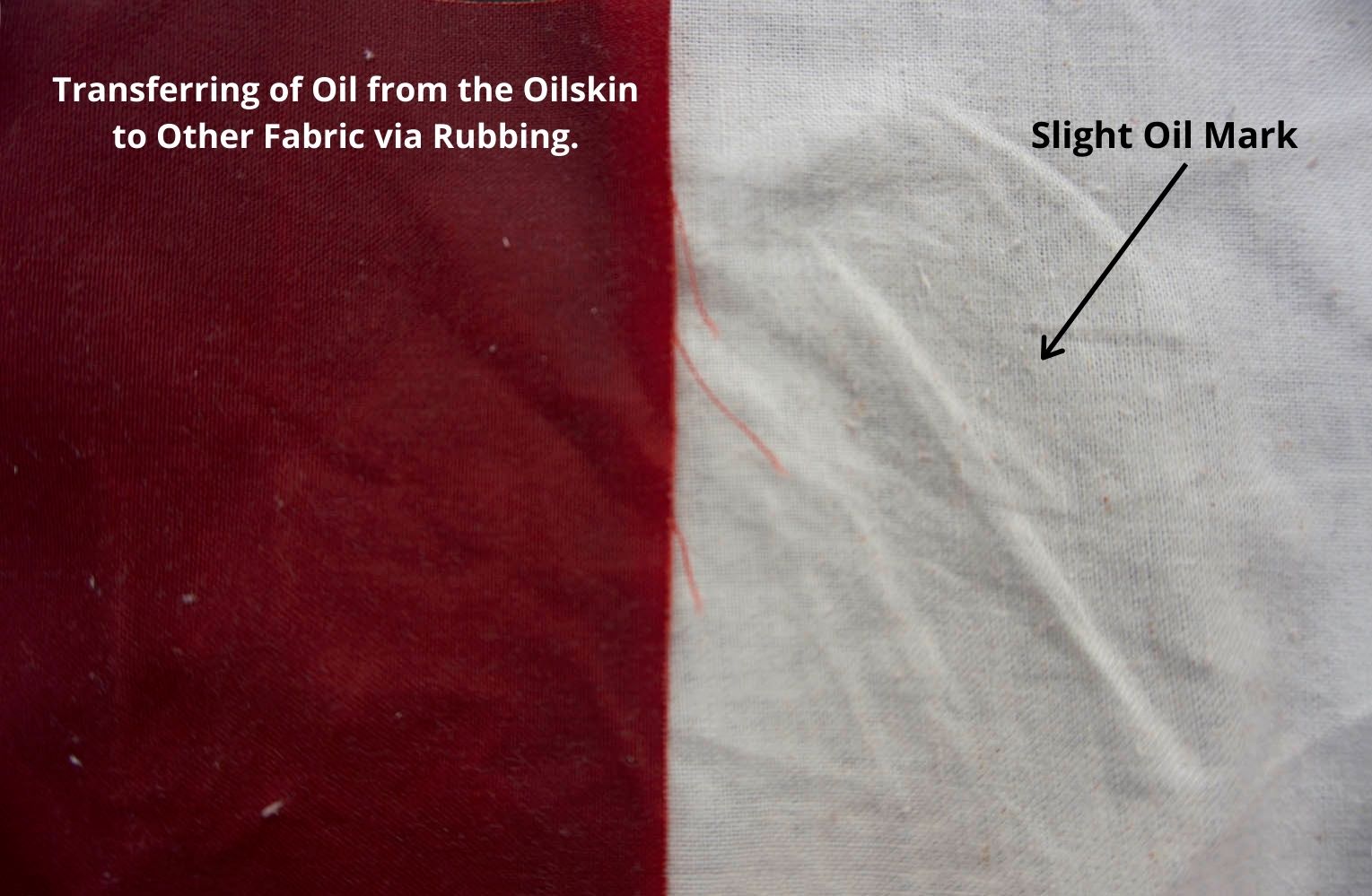 side by side photo of the oilskin. The oilskin is on the left hand side and the muslin is on the right hand side. it shows a slight discolouration of the muslin