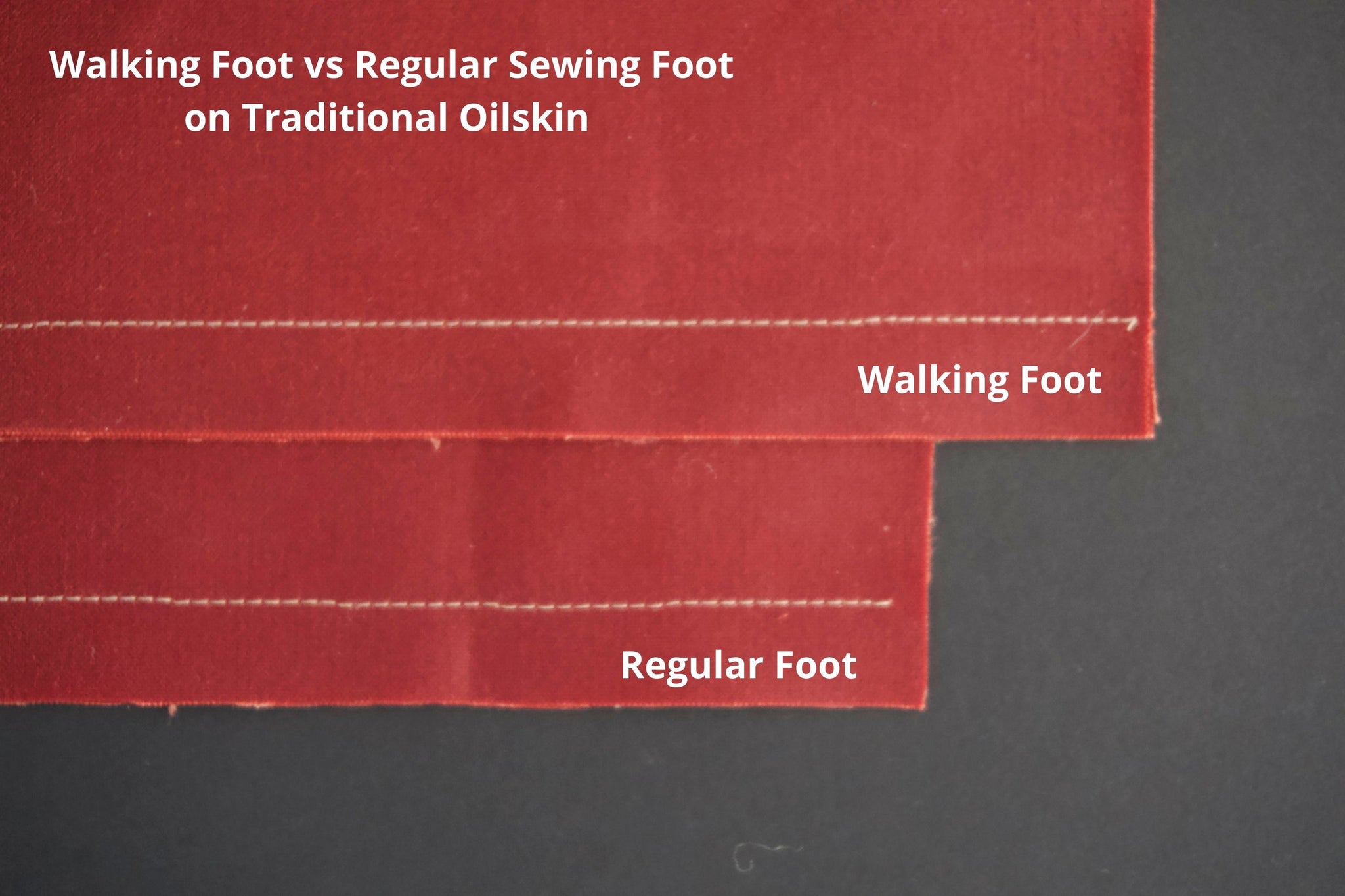 a picture of two pieces of traditional oilskin showing white stitching on them. the top one is a walking foot and the bottom one is a regular foot. the stitches on both are even and neat