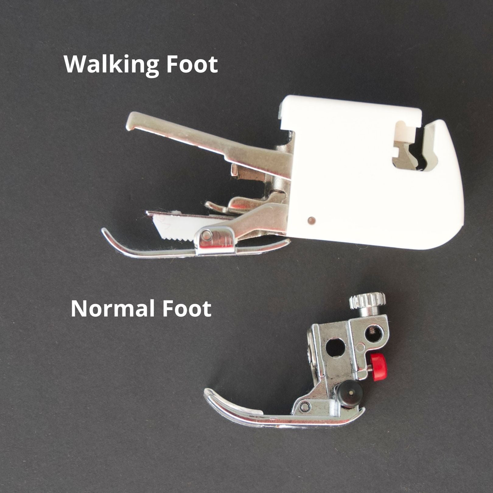 a side by side image of a regular walking foot next to a walking foot. the walking foot has a lever at the front and a rectangle box that you attach to the sewing machine shaft