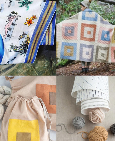 a collection of four images. top left is a close up of a pair of underwear with a sparkly waistband and tropical themed fabric. top right is a soft coloured quilt with squares all over it. Bottom right is three cloth pots nestled in to each other and bottom left is a drawstring bag made of scraps. 