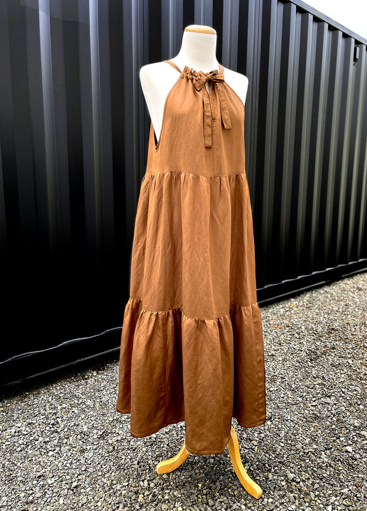 wilder gown sewing pattern hack sleeveless cinnamon coloured linen viscose dress