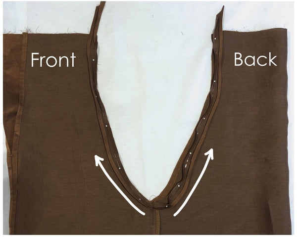 a photo of the side of the bodice of the wilder gown with arrows showing how to pin on the bias binding to the wilder gown