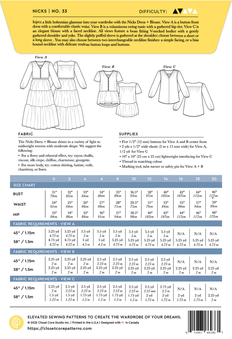 ️Nicks Dress & Top Printed Sewing Pattern. Closet Core Patterns – Miss ...