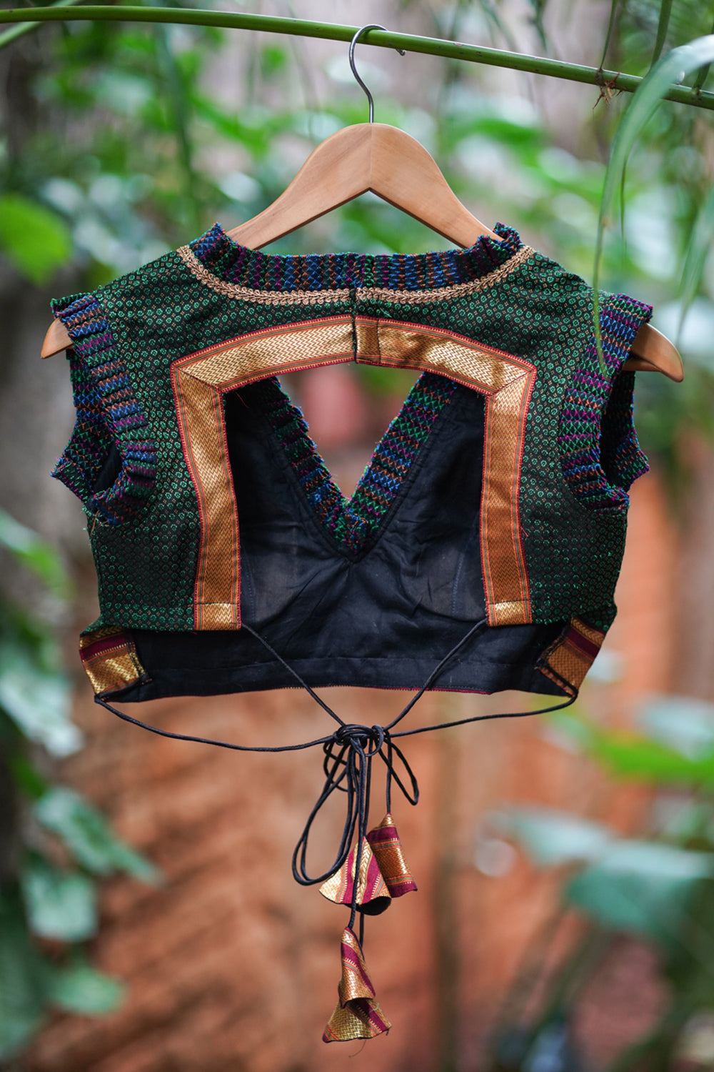 Dark green & black khana silk V neck blouse with frill detailing and b ...