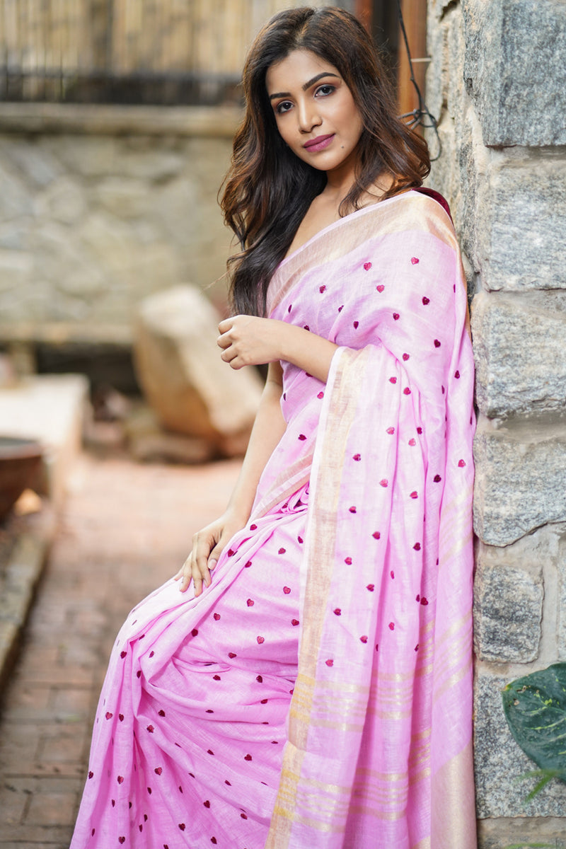 Loving Hearts Embroidered Pink Linen Saree – House of Blouse
