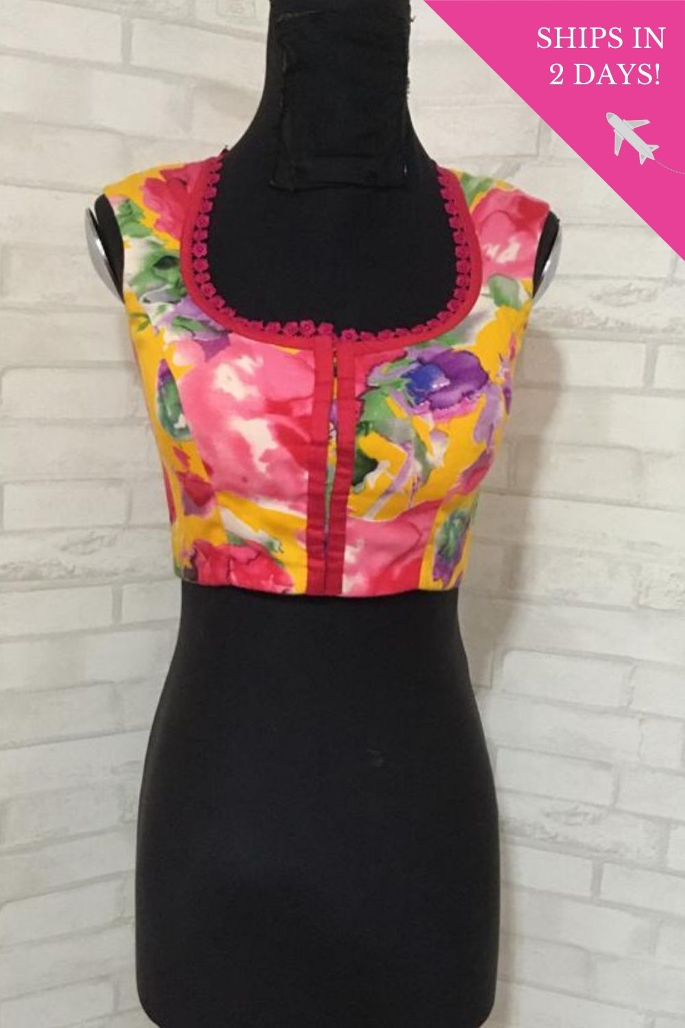 Yellow floral pot neck blouse with pink detailing: Size- – House ...