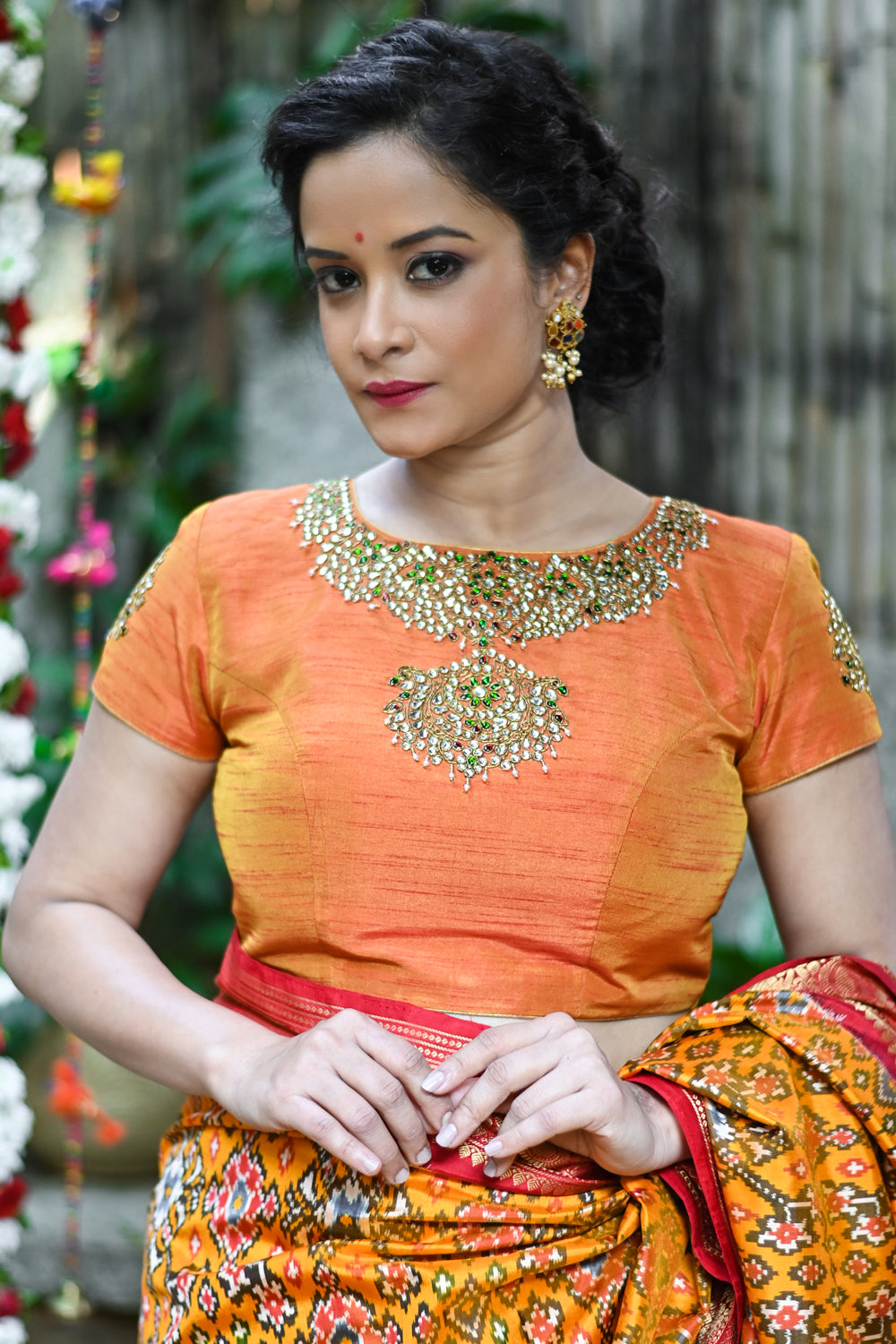 Orange Kundan Jadau Blouse in Necklace design rawsilk blouse ...