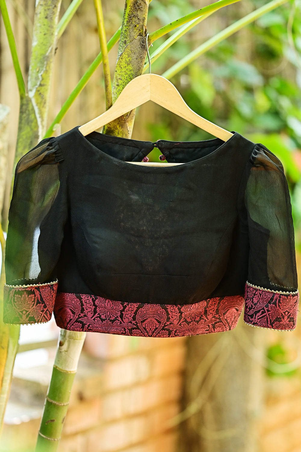 Black pure chiffon boatneck blouse with brocade border and back ...