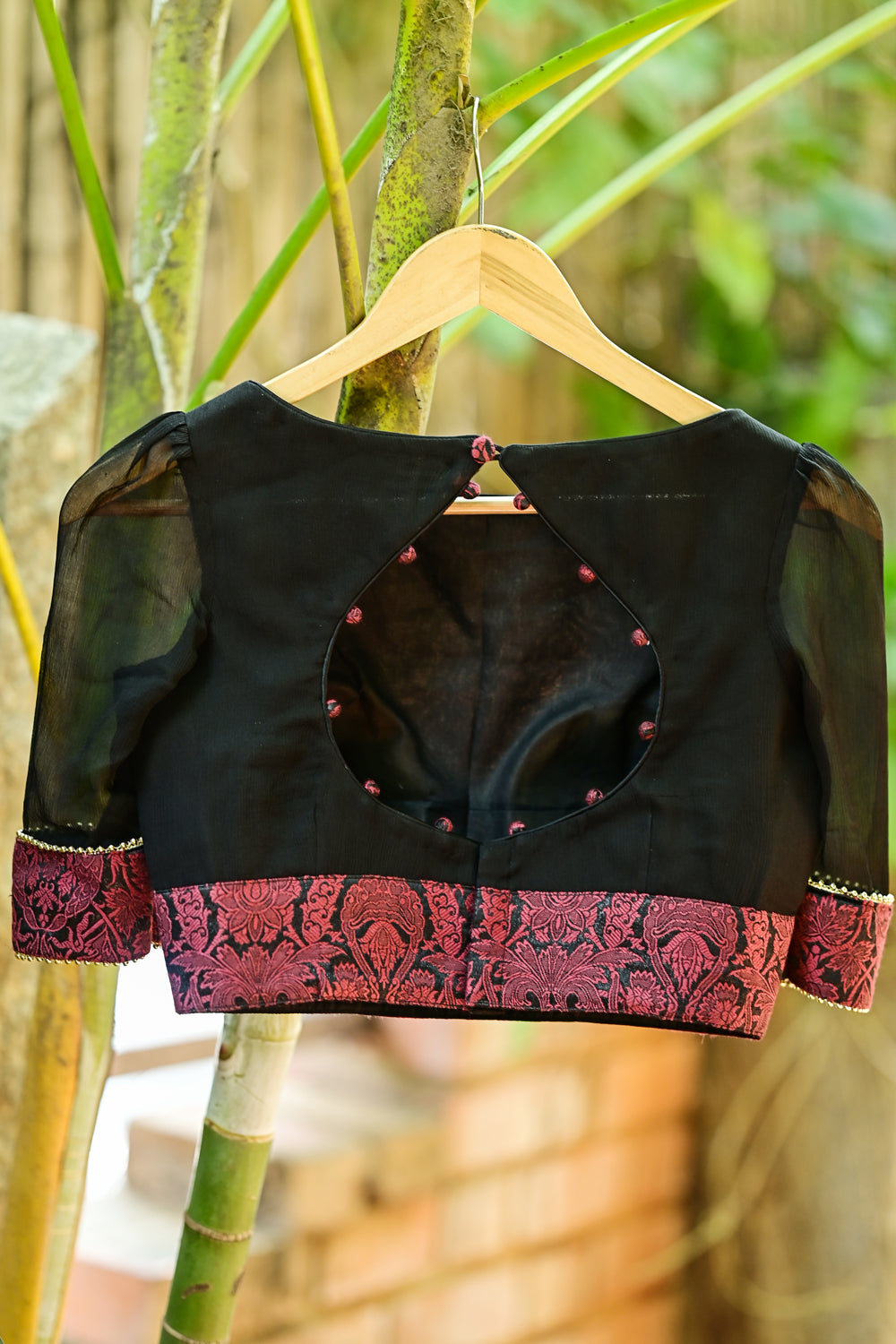 Black pure chiffon boatneck blouse with brocade border and back ...