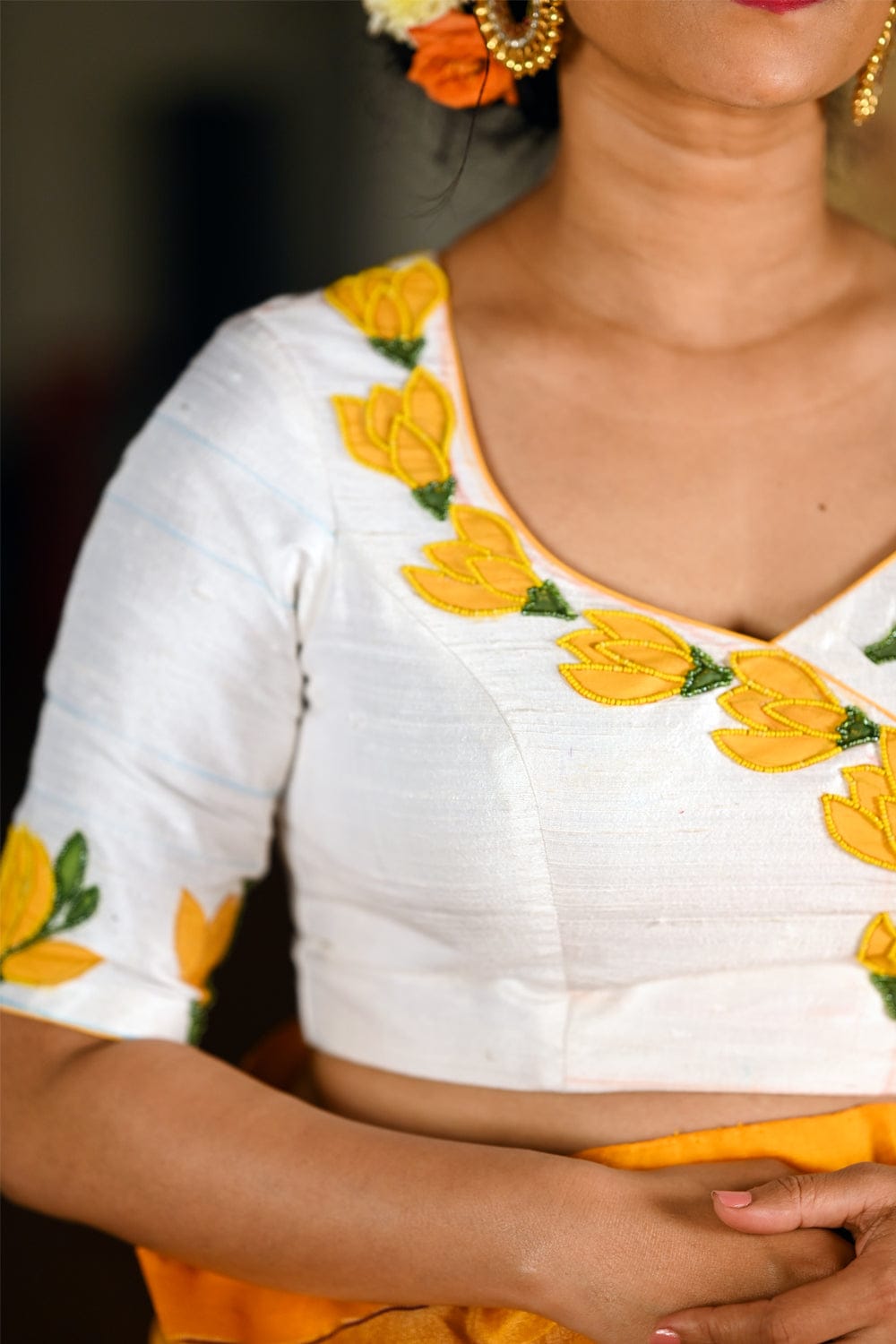 Ivory Pure Raw Silk Blouse with Kemp work detailing on boat neck and Jadau  back buttons