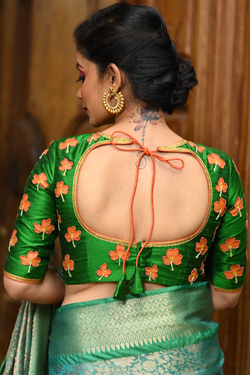 Green raw silk close neck blouse with hand painted and embroidered ...