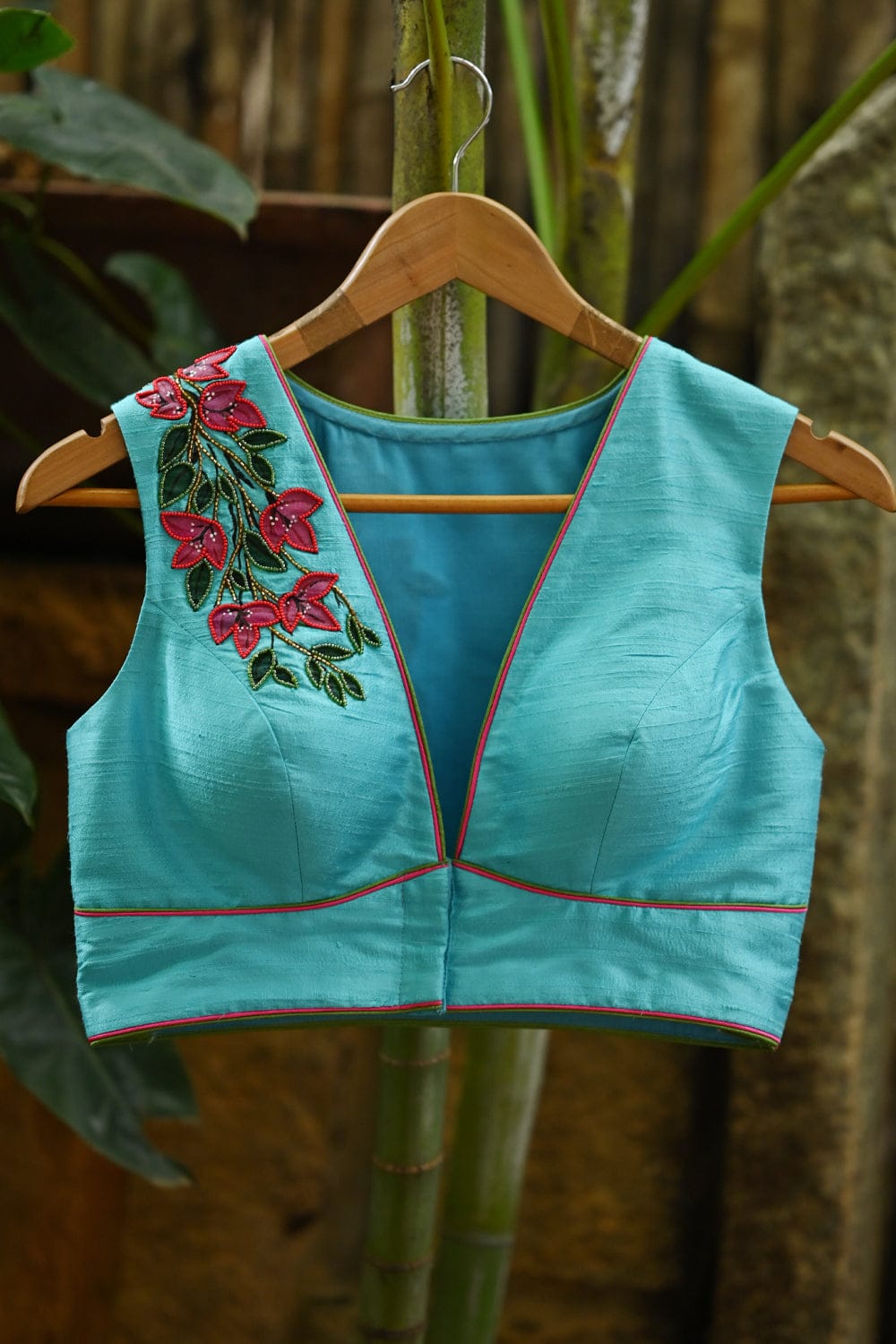 Light blue raw silk V neck blouse with hand painted and ...