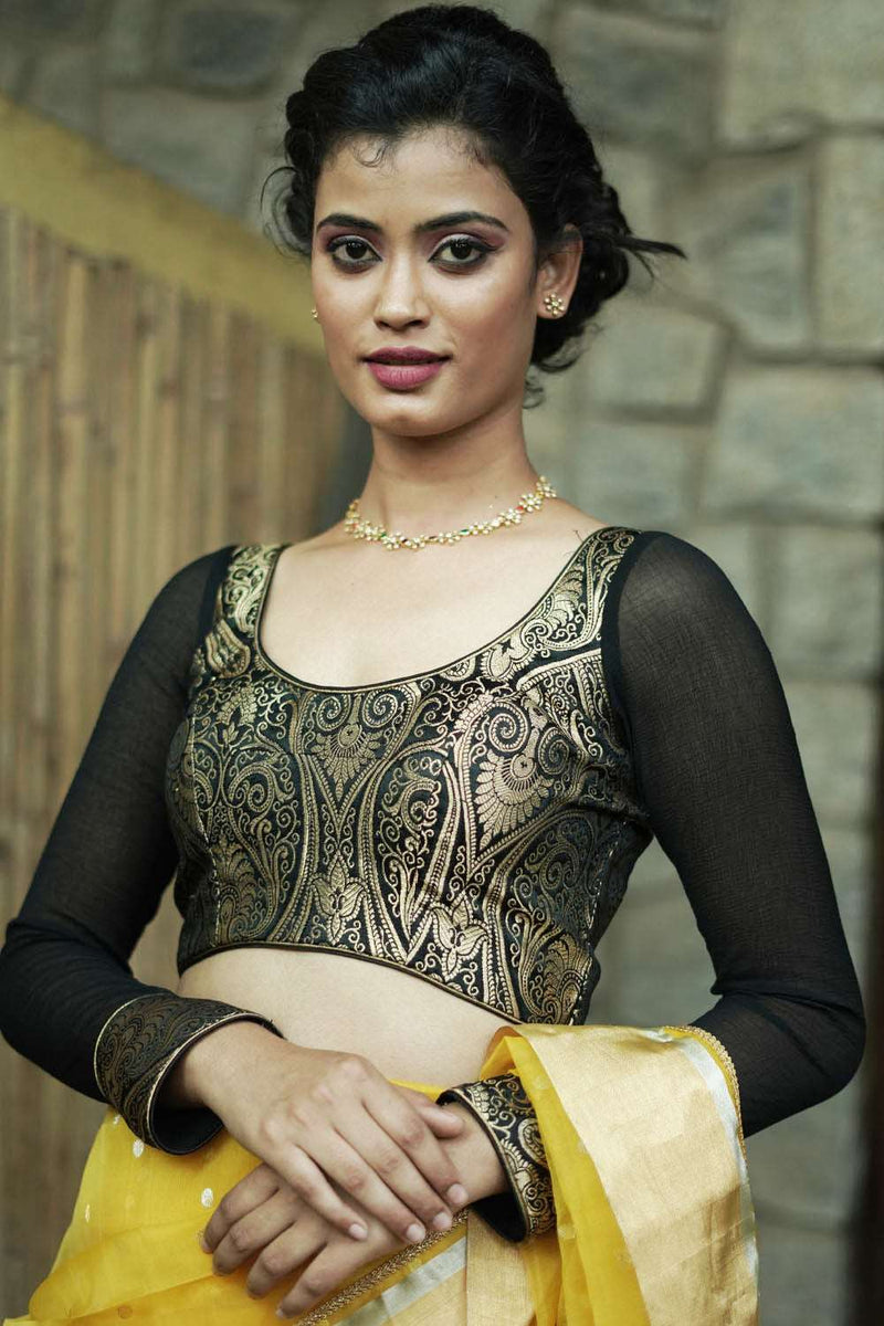 Black pure banarasi brocade U neck blouse with chiffon sleeves and cuf ...