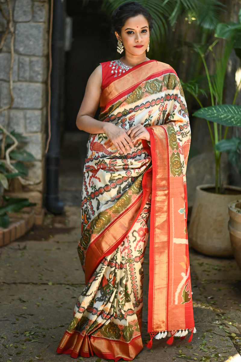 Ikkat Pure Silk Saree with Exquisite Animal design – House of Blouse