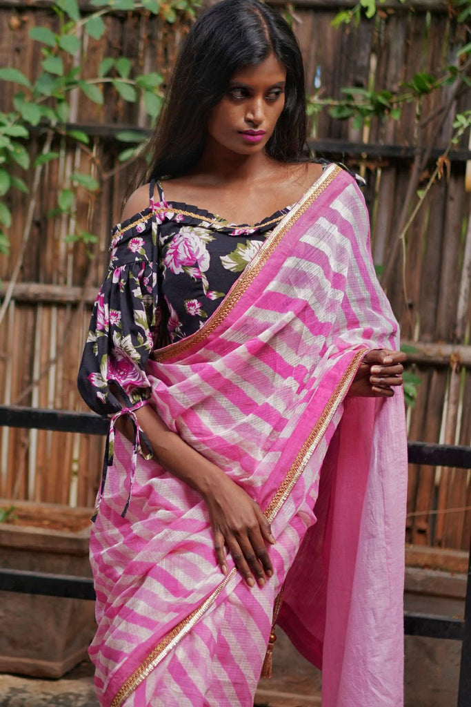Pink and white handloom & hand dyed leheriya saree – House of Blouse