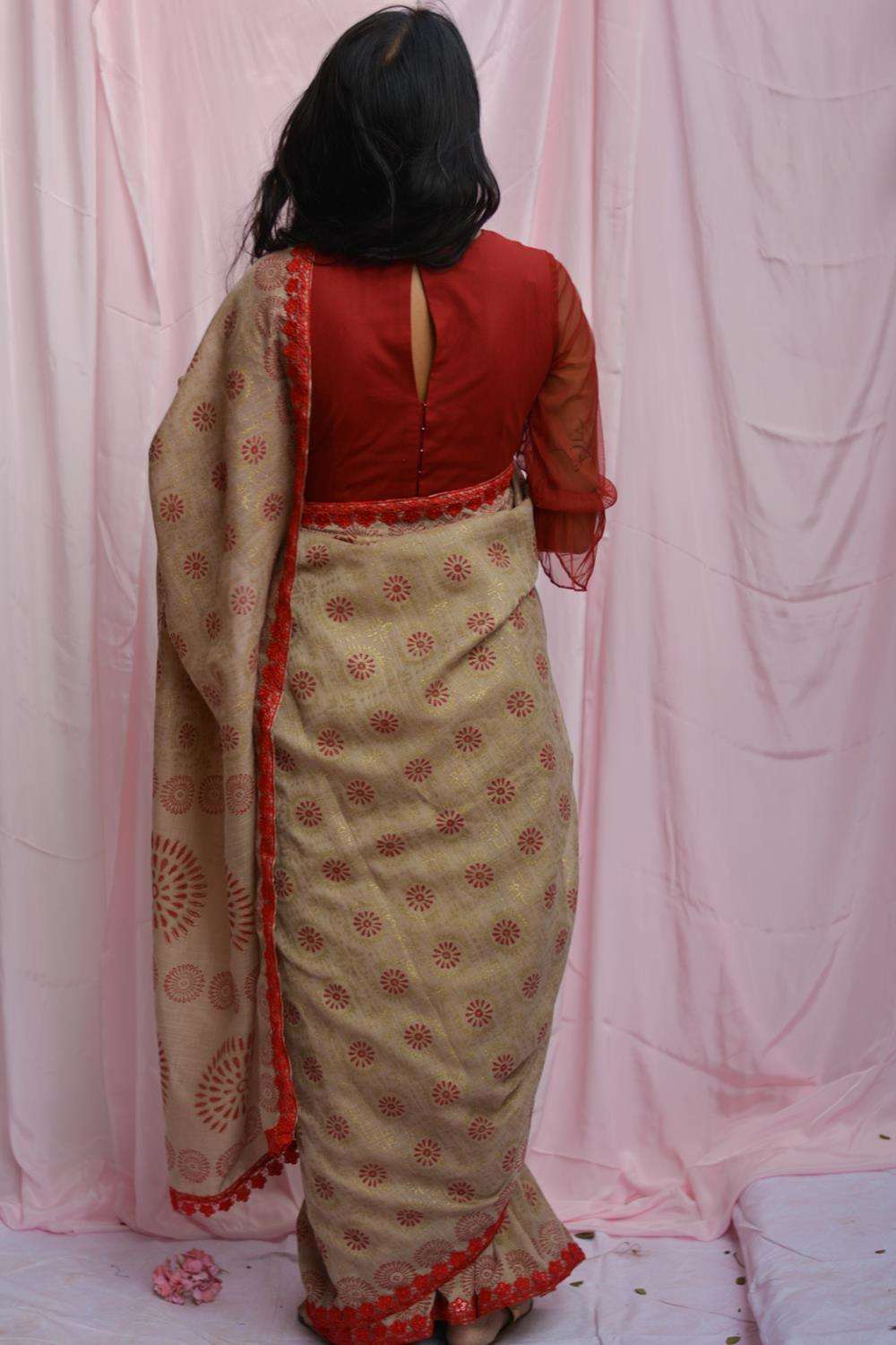 Cream and brown shibori shaded mul cotton saree with multicolour frill