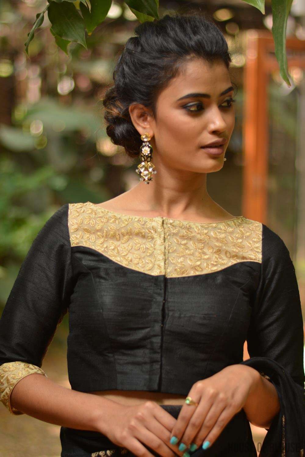 Black raw silk and gold embroidered blouse, with sheer yoke ...