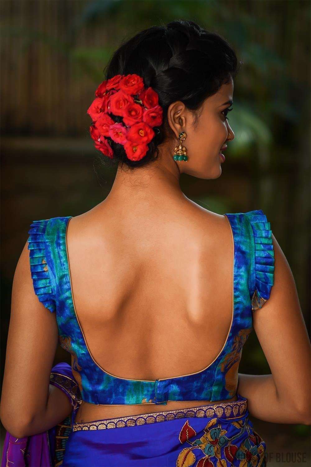 Blue shibori shaded raw silk sleeveless blouse with pleated frills ...