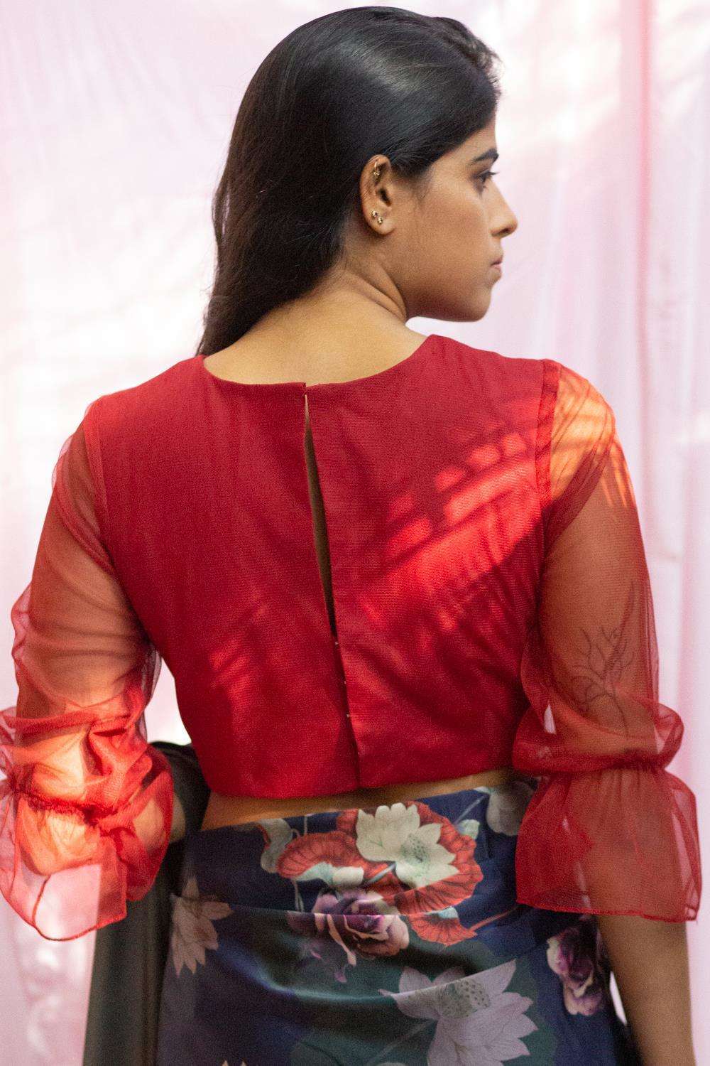 Deep red net blouse with puff sleeves – House of Blouse
