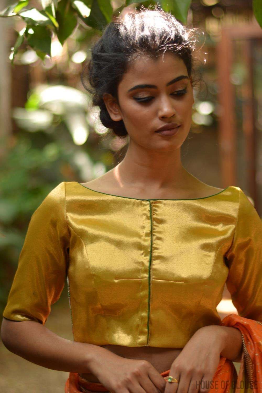 Gold brocade boatneck blouse with back detailing – House of Blouse