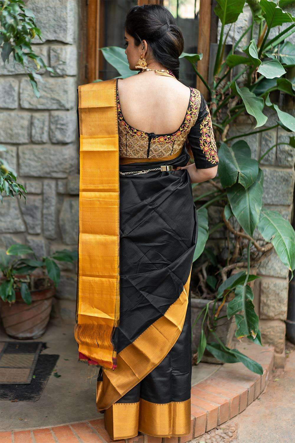 Meerabai - Black Mangalgiri silk cotton saree with dull gold ...