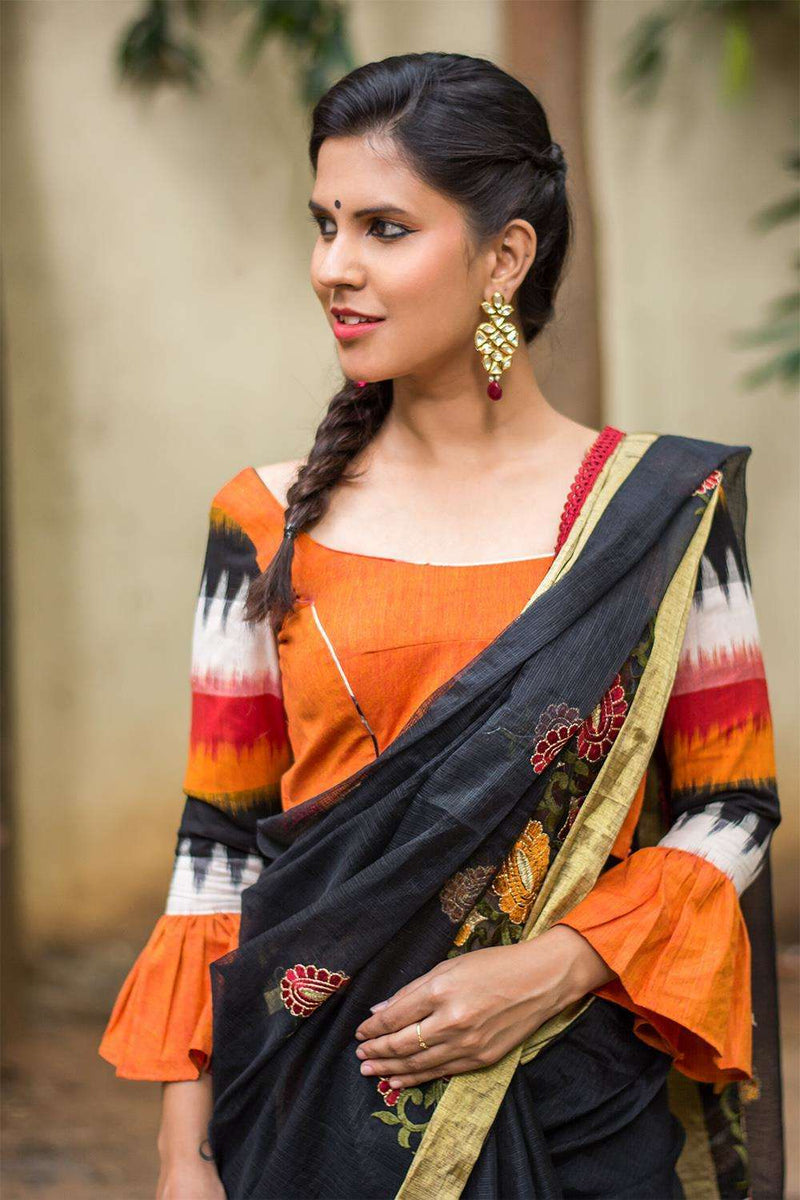 Orange handloom and Ikat cotton vintage inspired blouse – House of Blouse