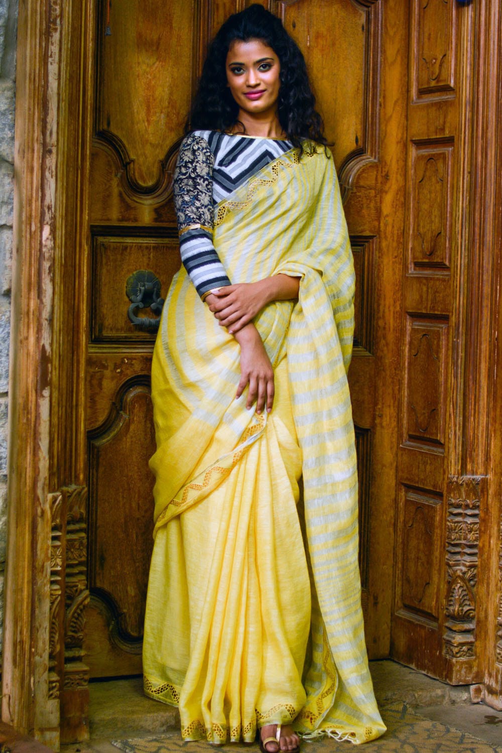 Blush pink and burgundy ombre linen saree with silver border.