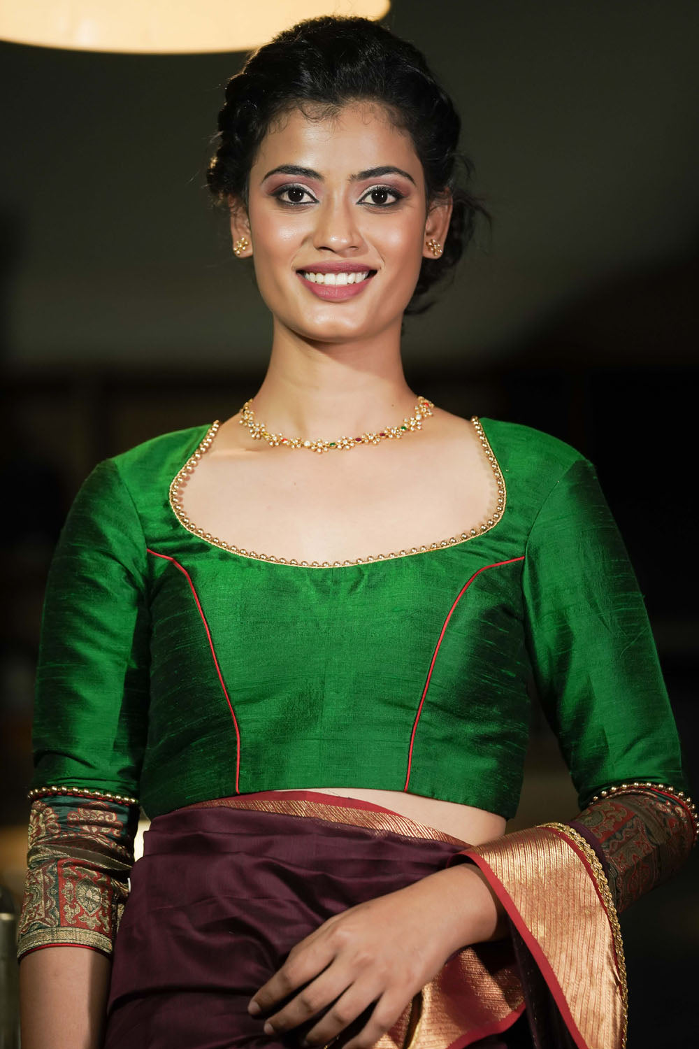 Emerald green raw silk pot neck blouse – House of Blouse