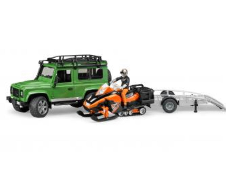 bruder land rover with snowmobile