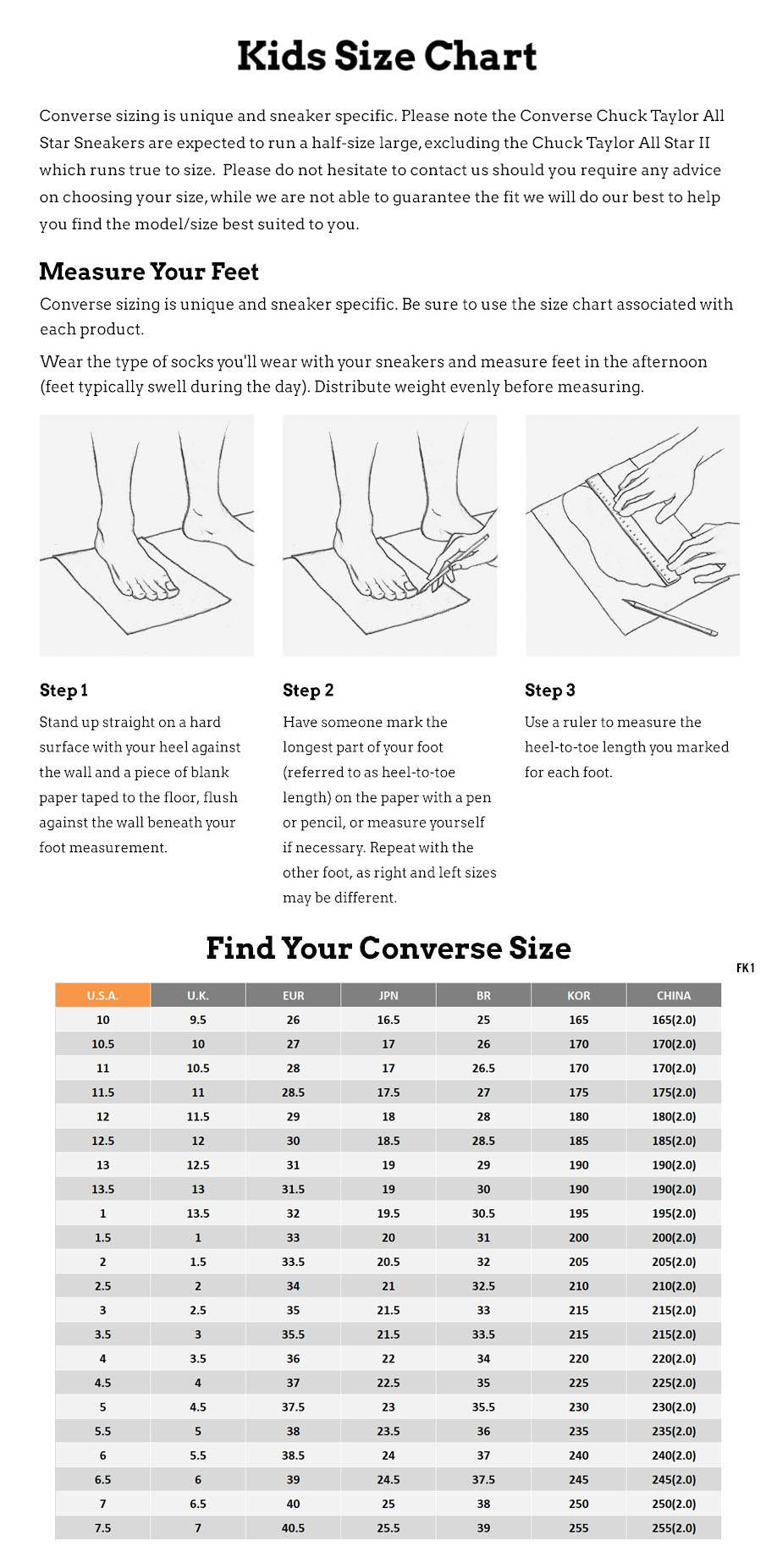 Bape Converse Youth Size Chart