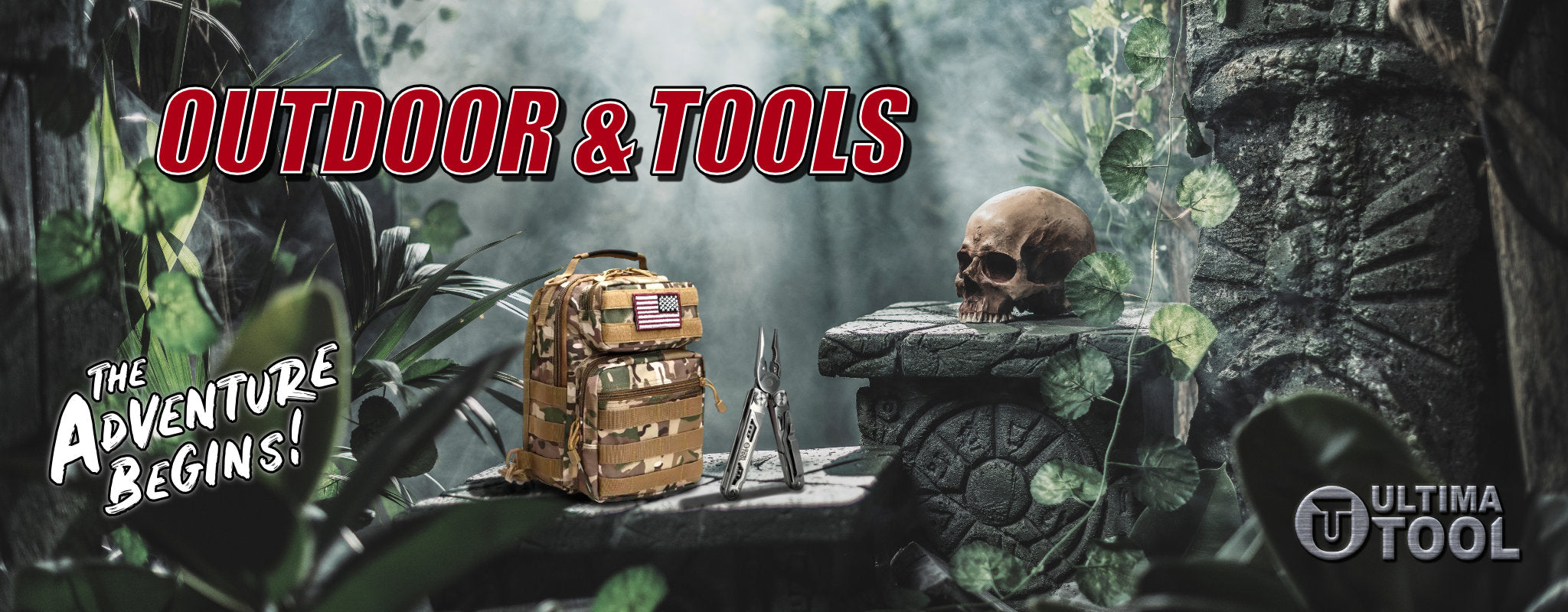 Urwald bild mit vielen Pflanzen und alte Steinsockeln wo ein Rucksack und eine Multitool-Messer stehen und rechts ein Steintotem. Der Text lautet: Outdoor & Tools von Ultima Tools - das Abenteuer kann beginnen!