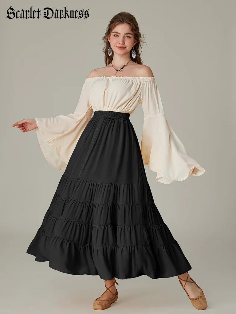 Elastic Waist Front Slit Tiered Swing Skirt