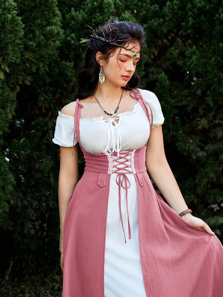 Women Renaissance Vest Dress Lace-up Cover-up Dress with Pocket