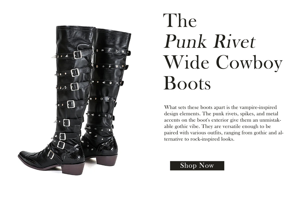 Women Punk Rivet Boots Gothic Wide Cowboy Boots