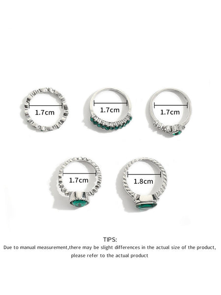 Women Vintage Lucky Green 5-piece Geometric Ring Set