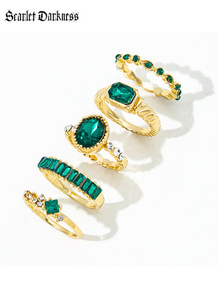 Women Vintage Lucky Green 5-piece Geometric Ring Set