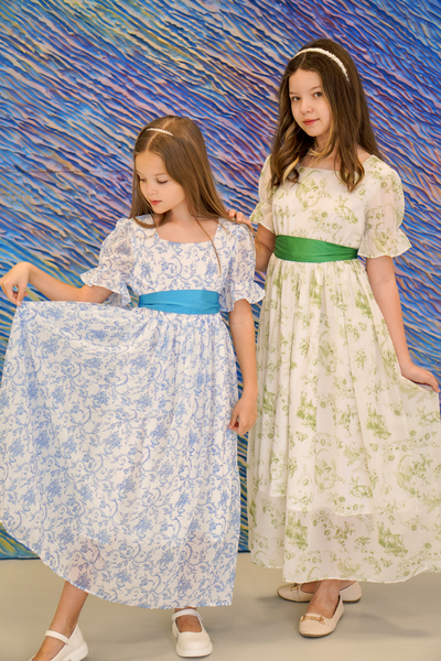 Kids Floral Chiffon Maxi Dress Crew Neck A-Line Dress