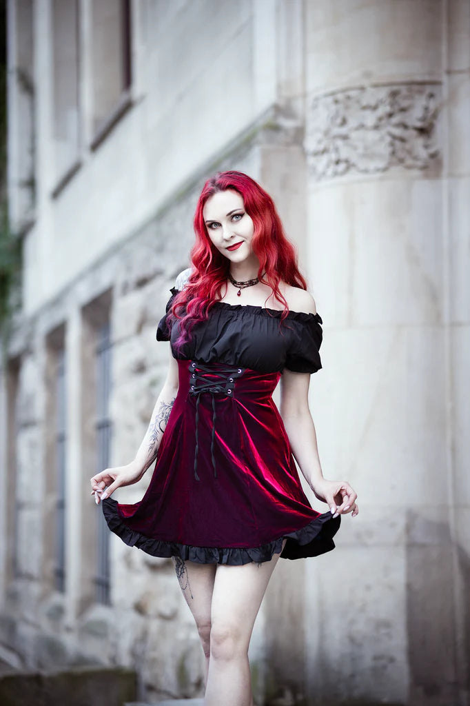 Gothic Contrast Velvet Dress Off Shoulder Ruffled Hem Dress