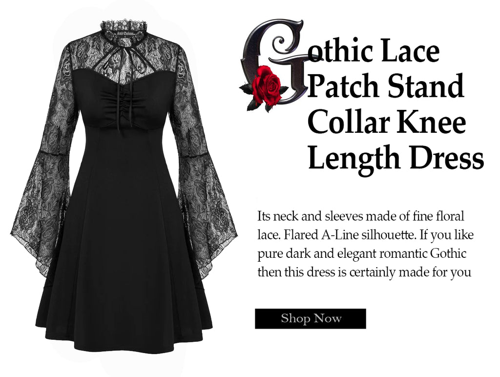 Gothic Lace Patch Stand Collar Knee Length Dress