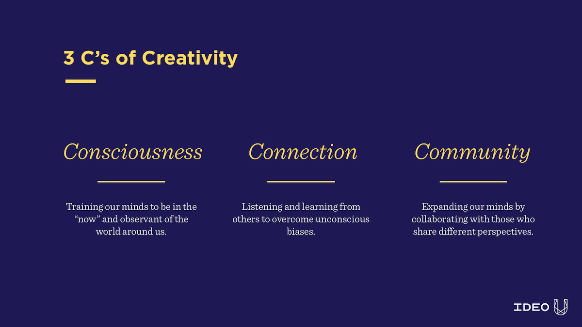 Descriptions of the 3 C’s of Creativity, including consciousness, connection, and community.